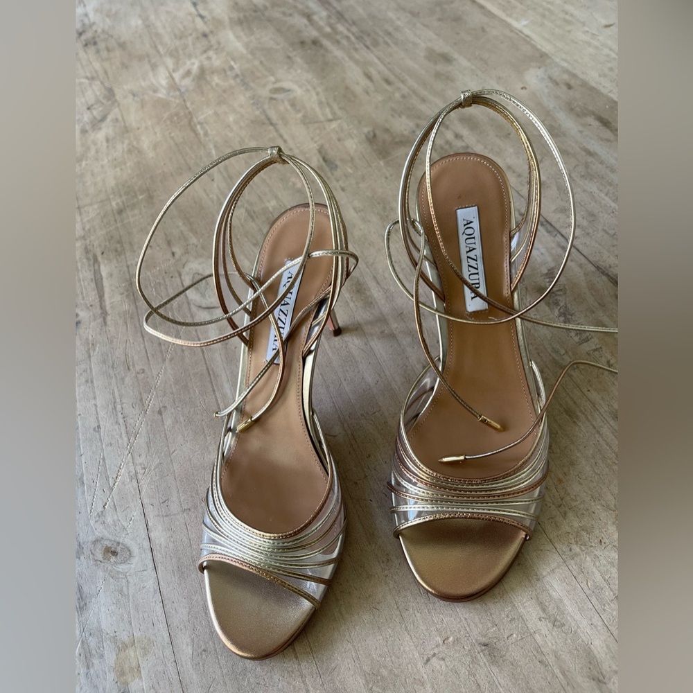 Aquazzura Call Me 85 Leather and PVC sandal in Gold, NWB, SZ 39 - Picture 6 of 16